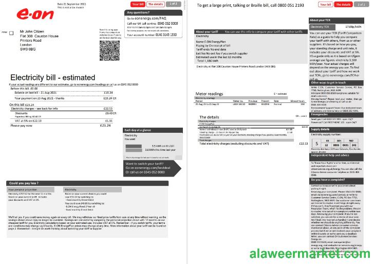 United Kingdom E.ON electricity utility bill template in Word and PDF format, 2 pages, version 1